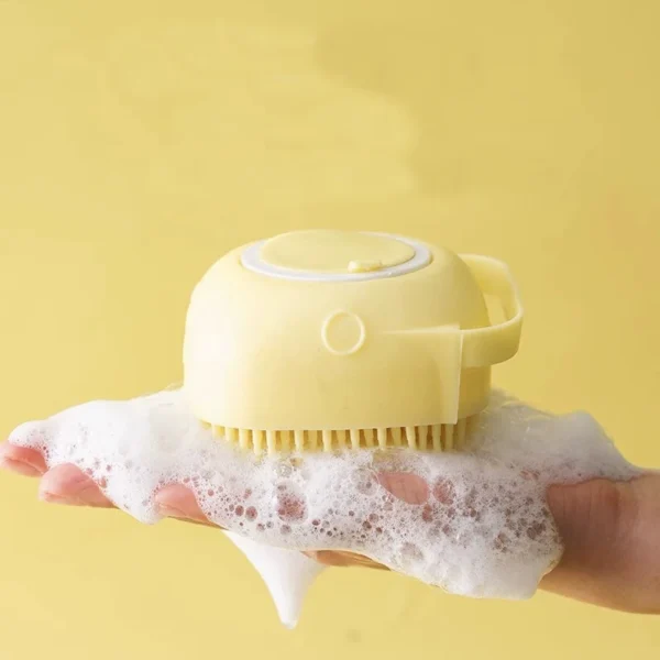 Yellow silicone bath brush and massager for dogs