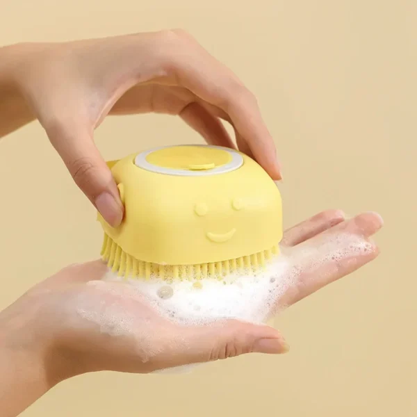 Yellow silicone bath brush and massager for dogs